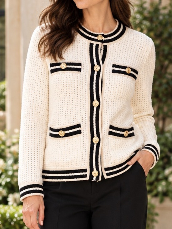 Sweaters - Cream & Black Waffle Knit Cardigan Sweater – Size Small